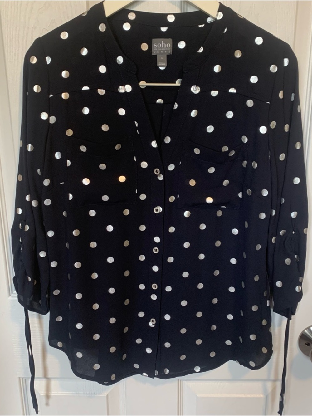 New York & Company Black Button-Down Blouse with Silver Polka Dots